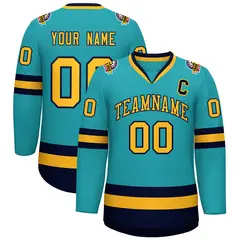 Aqua Gold-Navy Classic Style Hockey Jersey 1
