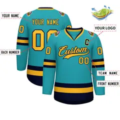 Aqua Gold-Navy Classic Style Hockey Jersey 2