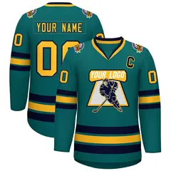 Aqua Gold-Navy Classic Style Hockey Jersey 1