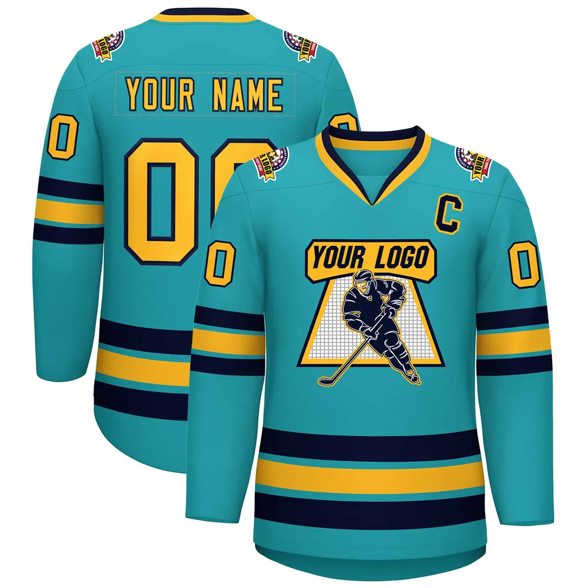 Aqua Gold-Navy Classic Style Hockey Jersey