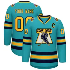 Aqua Gold-Navy Classic Style Hockey Jersey 1