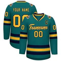 Aqua Gold-Navy Classic Style Hockey Jersey 1