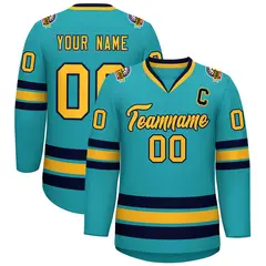 Aqua Gold-Navy Classic Style Hockey Jersey 1