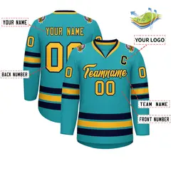 Aqua Gold-Navy Classic Style Hockey Jersey 2