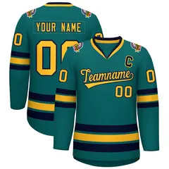 Aqua Gold-Navy Classic Style Hockey Jersey 1