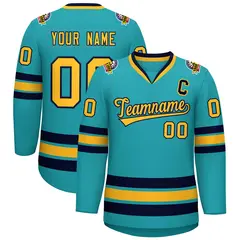 Aqua Gold-Navy Classic Style Hockey Jersey 1