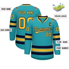Aqua Gold-Navy Classic Style Hockey Jersey 2