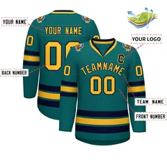 Aqua Gold-Navy Classic Style Hockey Jersey 2
