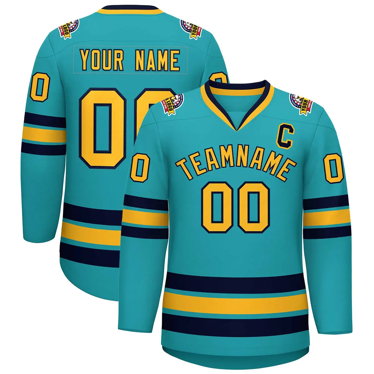 Aqua Gold-Navy Classic Style Hockey Jersey