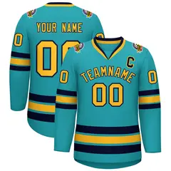 Aqua Gold-Navy Classic Style Hockey Jersey 1