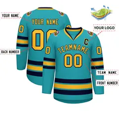 Aqua Gold-Navy Classic Style Hockey Jersey 2
