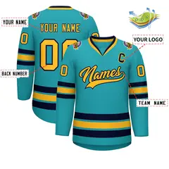 Aqua Gold-Navy Classic Style Hockey Jersey 2
