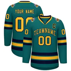 Aqua Gold-Navy Classic Style Hockey Jersey 1