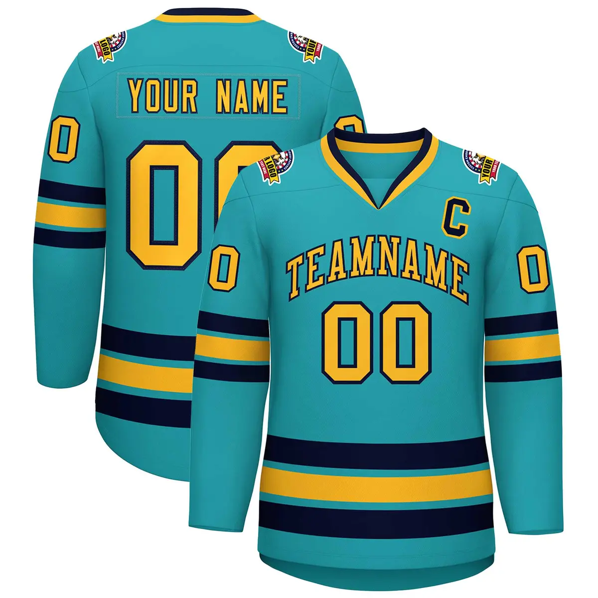 Aqua Gold-Navy Classic Style Hockey Jersey