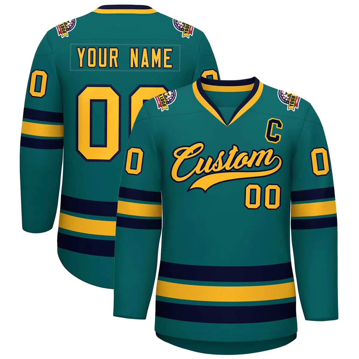 Aqua Gold-Navy Classic Style Hockey Jersey
