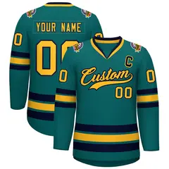 Aqua Gold-Navy Classic Style Hockey Jersey 1