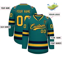 Aqua Gold-Navy Classic Style Hockey Jersey 2