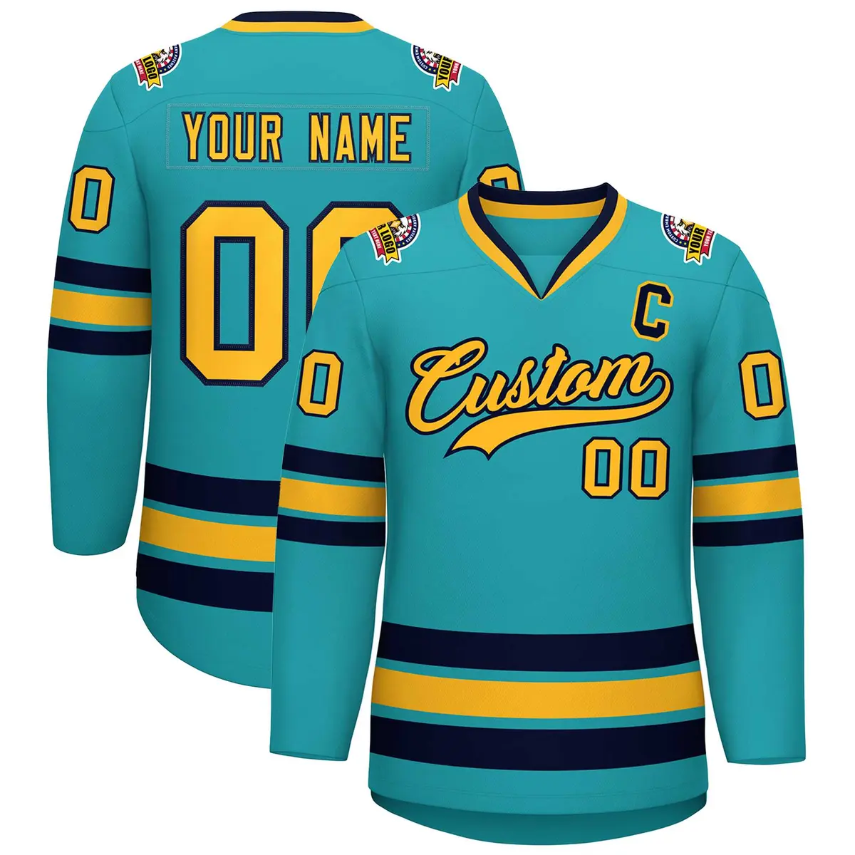 Aqua Gold-Navy Classic Style Hockey Jersey
