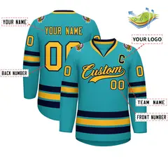 Aqua Gold-Navy Classic Style Hockey Jersey 2