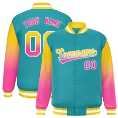 Aqua Gold-Pink Gradient Varsity Full-Snap Raglan Baseball Jacket 1