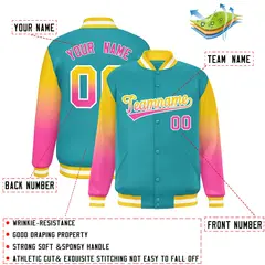 Aqua Gold-Pink Gradient Varsity Full-Snap Raglan Baseball Jacket 2