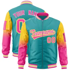 Aqua Gold-Pink Raglan Gradient Varsity Full-Zip Letterman Bomber Jacket 1