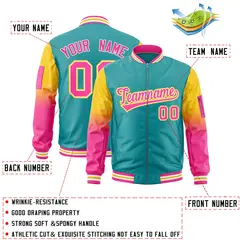 Aqua Gold-Pink Raglan Gradient Varsity Full-Zip Letterman Bomber Jacket 2