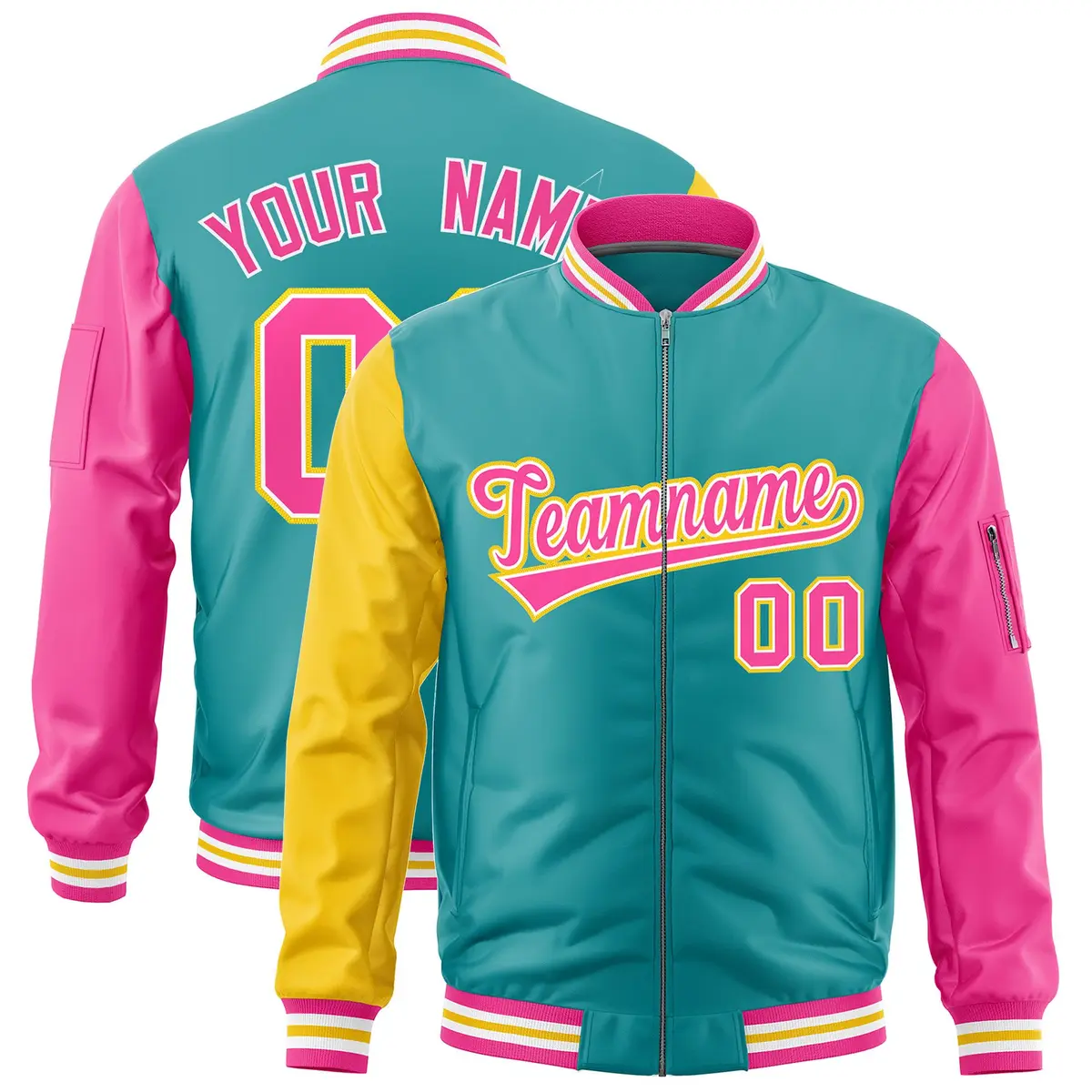 Aqua Gold Pink Varsity Full-Zip Raglan Letterman Bomber Jacket