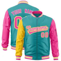 Aqua Gold Pink Varsity Full-Zip Raglan Letterman Bomber Jacket