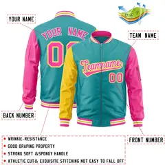 Aqua Gold Pink Varsity Full-Zip Raglan Letterman Bomber Jacket 2