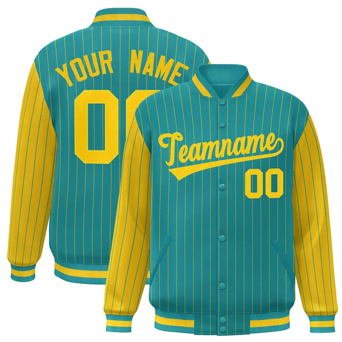 Aqua Gold Pinstripe Raglan Varsity Letterman Baseball Jacket