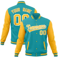 Aqua Gold Raglan Sleeves Full-Snap Letterman Baseball Jacket 1