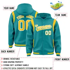 Aqua Gold Shoulder Color Block Varsity Letterman Jacket Hoodie 4