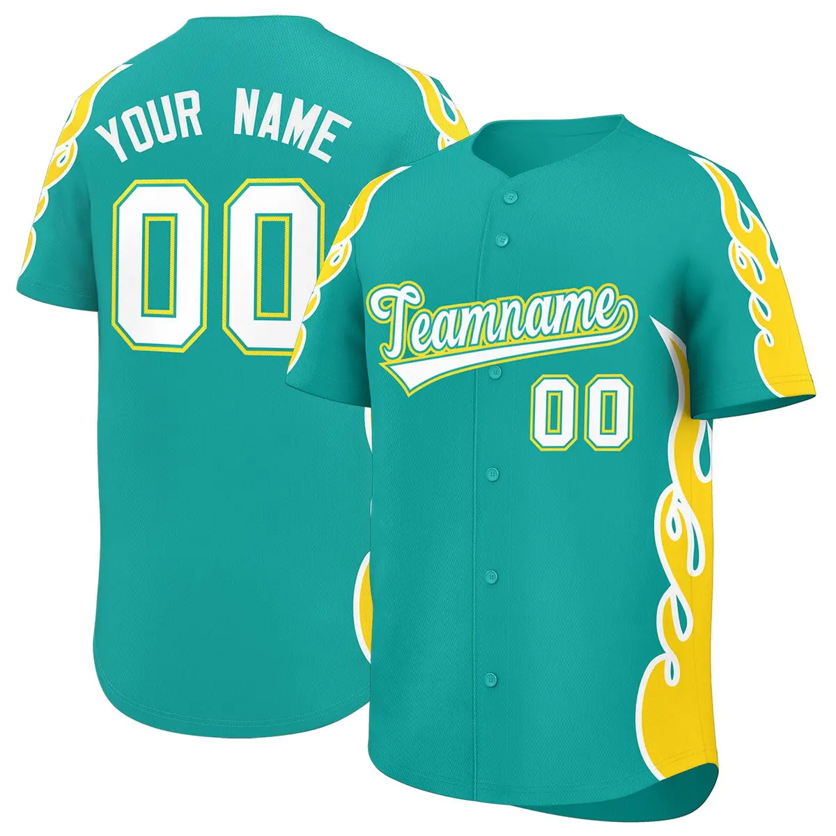 Aqua Gold Side Flame Outline Basketball Jersey