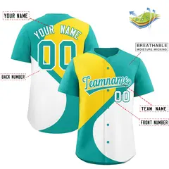Aqua Gold-White Half Heart Color Block Baseball Jersey 2