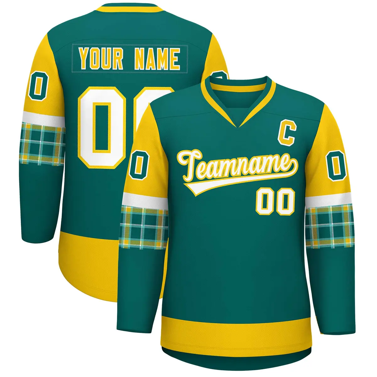 Aqua Gold-White Raglan Sleeves V-Neck Hockey Jersey