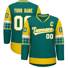 Aqua Gold-White Raglan Sleeves V-Neck Hockey Jersey