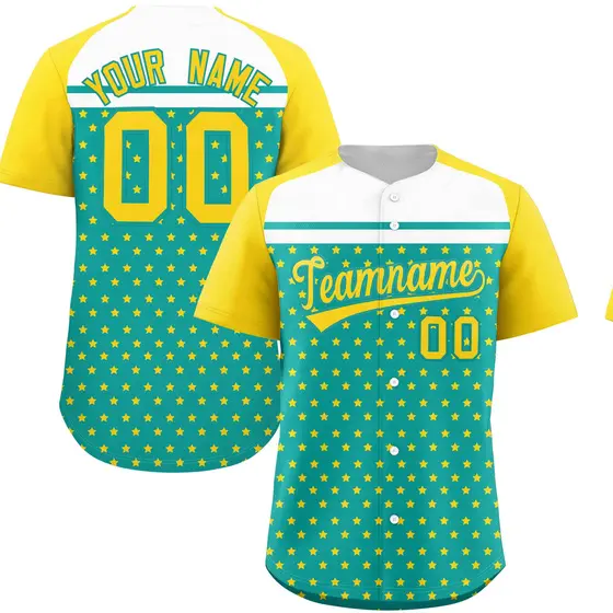 Aqua Gold-White Raglan Star Print Authentic Baseball Jersey