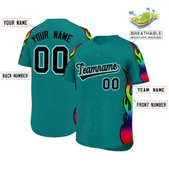 Aqua Graffiti Multicolored Flames Print Baseball Jersey 2
