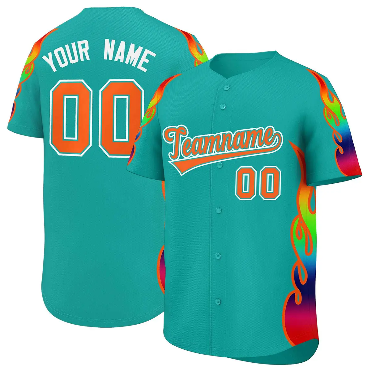 Aqua Graffiti Multicolored Flames Print Baseball Jersey
