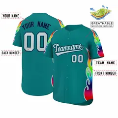 Aqua Graffiti Multicolored Flames Print Baseball Jersey 2