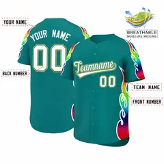 Aqua Graffiti Multicolored Flames Print Baseball Jersey 2