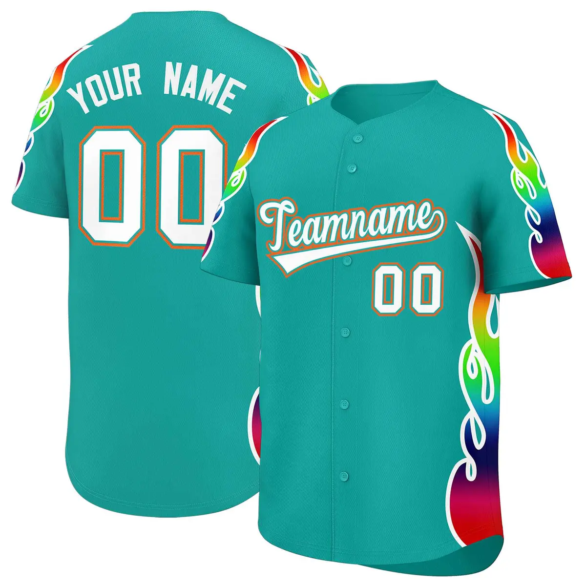 Aqua Graffiti Multicolored Flames Print Baseball Jersey