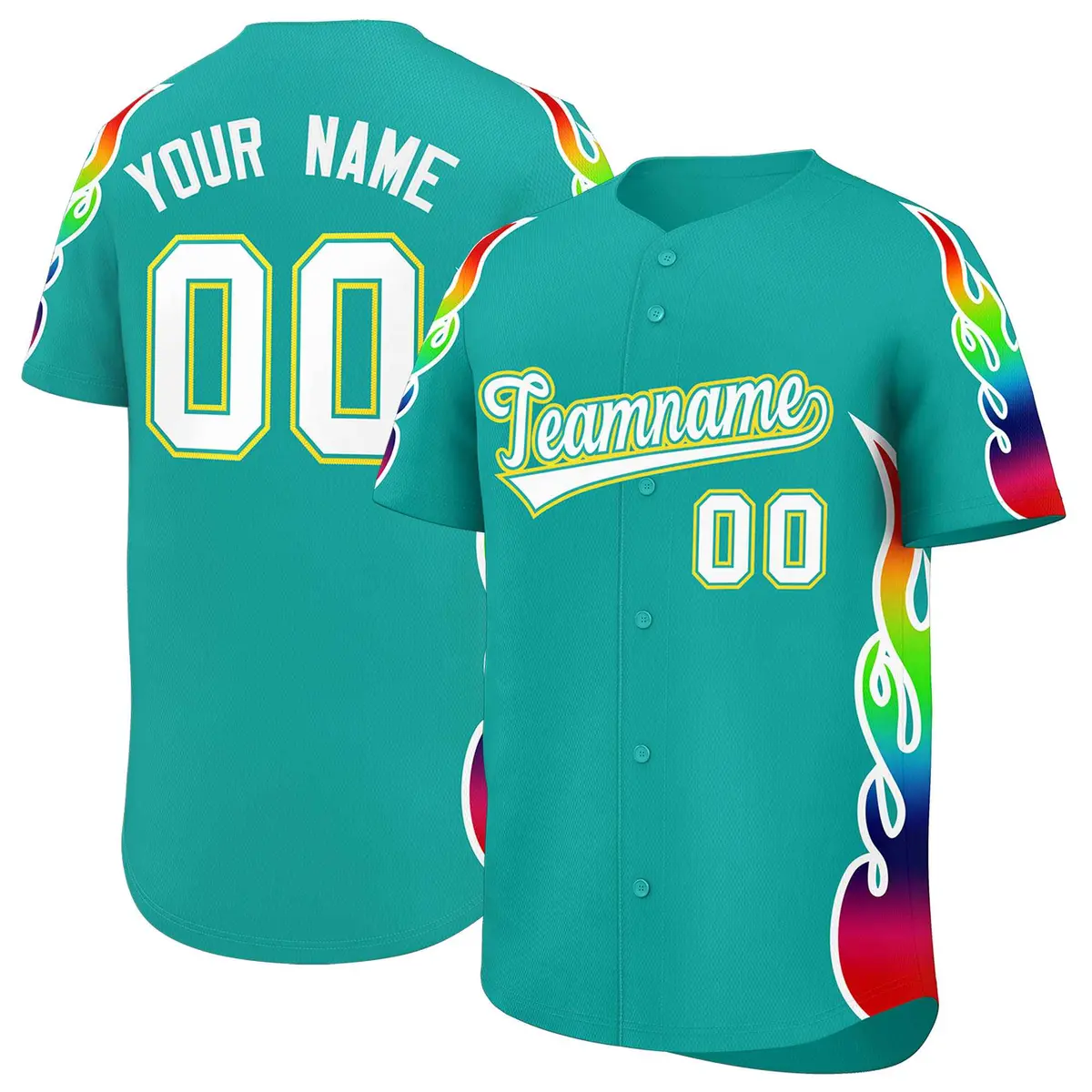 Aqua Graffiti Multicolored Flames Print Baseball Jersey