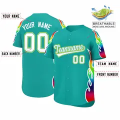 Aqua Graffiti Multicolored Flames Print Baseball Jersey 2