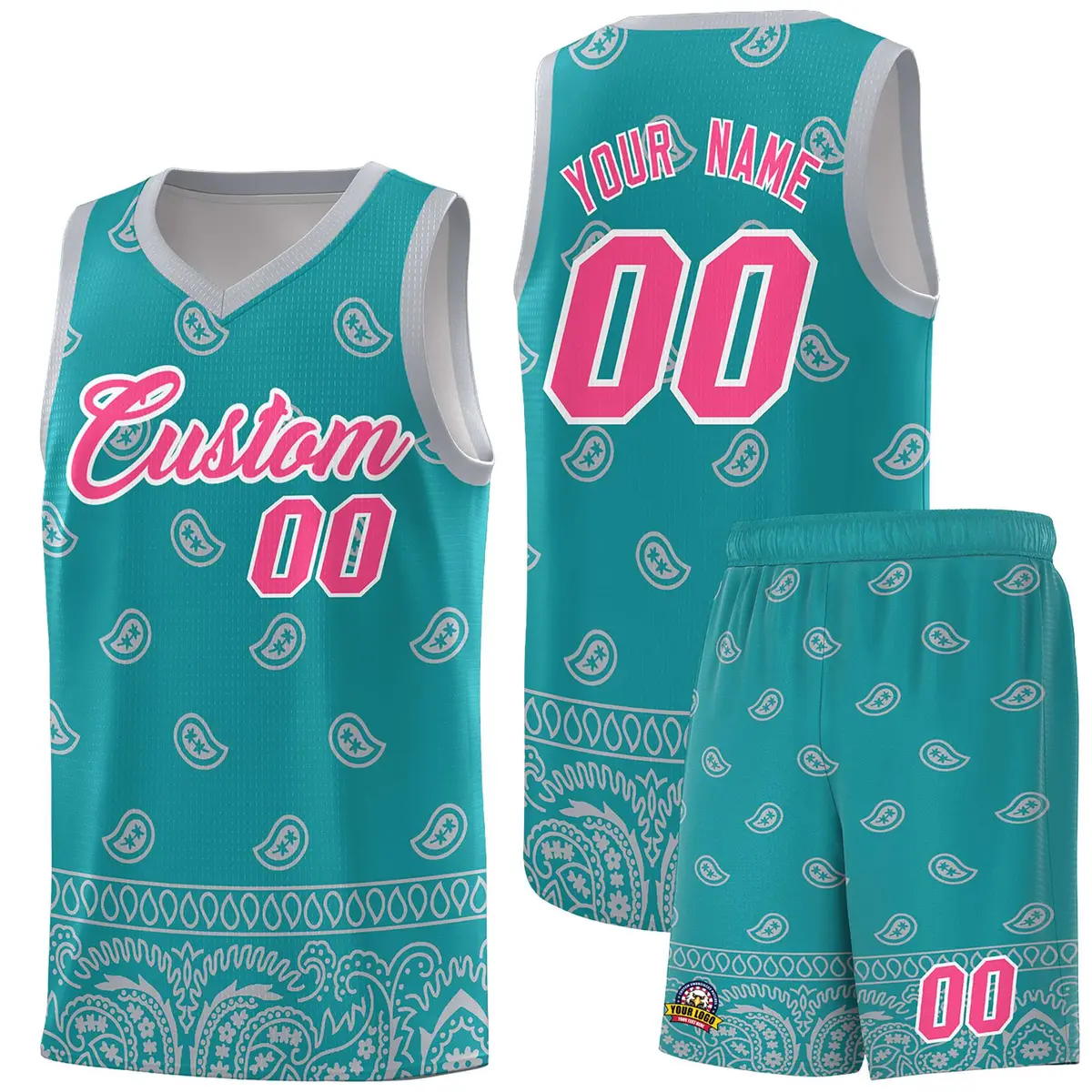 Aqua Gray Cashew Pattern Basketball Jersey