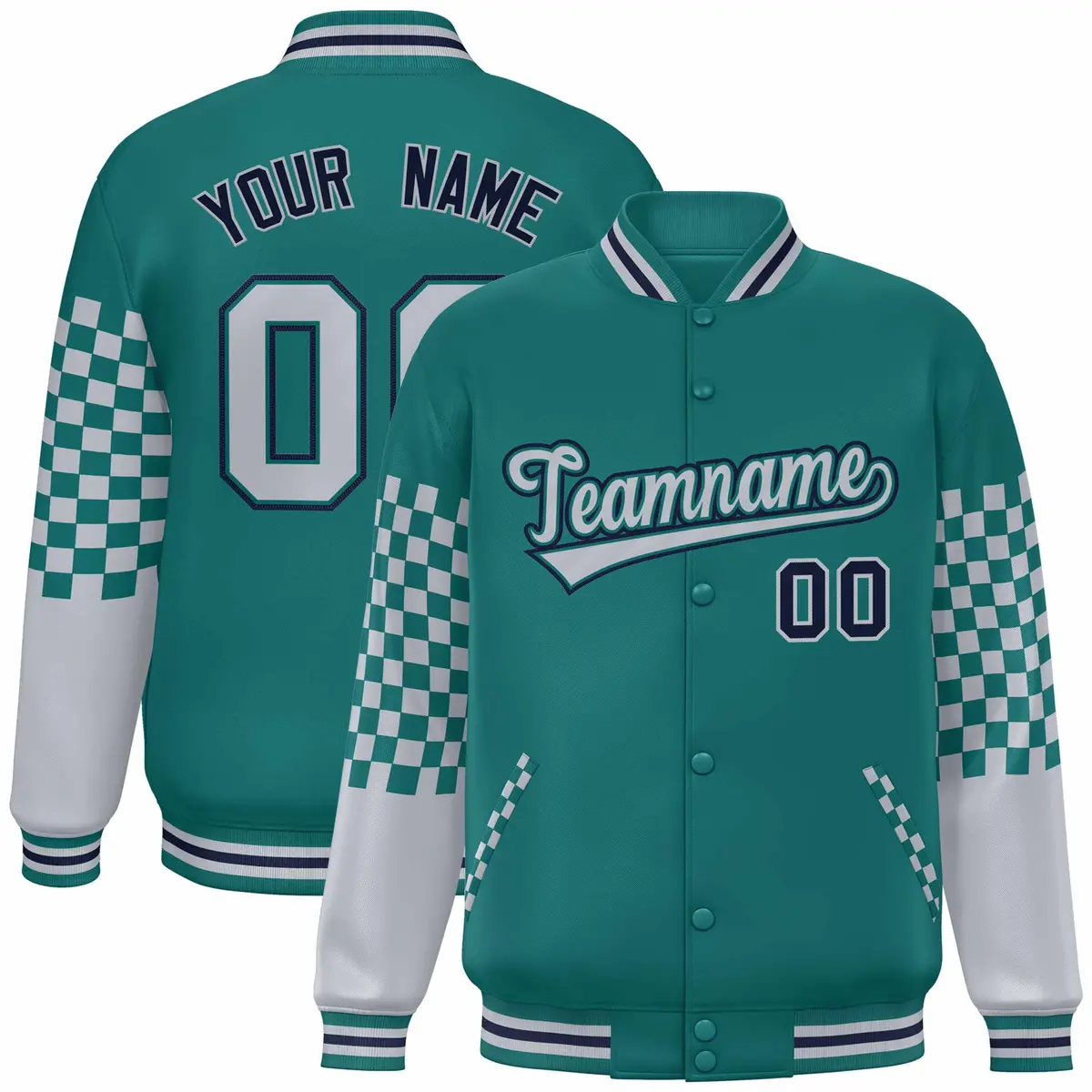 Aqua Gray-Navy Checkered Color Block Bomber Varsity Jacket