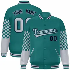 Aqua Gray-Navy Checkered Color Block Bomber Varsity Jacket 1