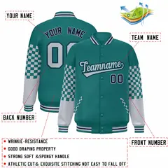 Aqua Gray-Navy Checkered Color Block Bomber Varsity Jacket 2