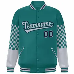 Aqua Gray-Navy Checkered Color Block Bomber Varsity Jacket 3